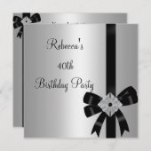 シルバージュエルブラックボウ40エレガント誕生日 招待状 (正面/裏面)