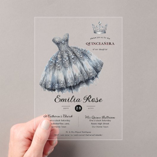 シルバースウィート15キンセアニェラダイヤモンドドレスバタフライ アクリル招待状 (インサイチュ (ポータブル))