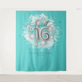シルバースウィート16 Bdayバルーンパーティーティール(緑がかった色)背景 タペストリー (正面)