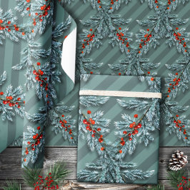 シルバーススプルースレッドベリーストライプの格子 ラッピングペーパー