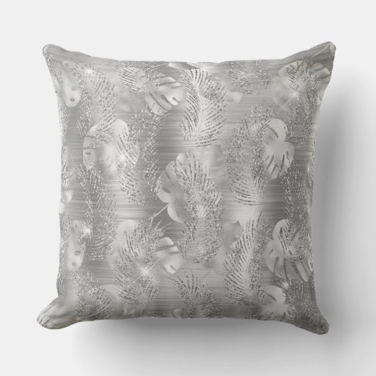シルバースタイリッシュグリッタートロピカルジャングル葉 クッション (正面)