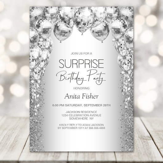 シルバースタイリッシュバルーン任意の年齢のサプライズ誕生日 招待状