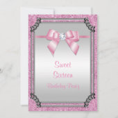 シルバースタイリッシュフレーム&ピンクポーズジェムボウスウィート16 招待状 (正面)