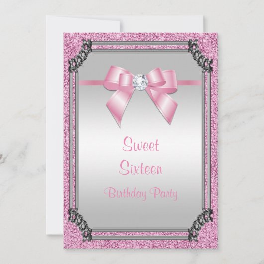 シルバースタイリッシュフレーム&ピンクポーズジェムボウスウィート16 招待状 (正面)