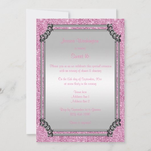 シルバースタイリッシュフレーム&ピンクポーズジェムボウスウィート16 招待状 (裏面)