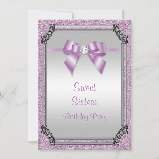 シルバースタイリッシュフレーム&薄紫ポーズジェムボウスウィート16 招待状 (正面)