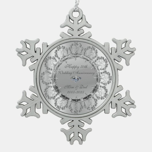 シルバースタイリッシュフローラス結婚ワーズ記念日 スノーフレークピューターオーナメント (正面)