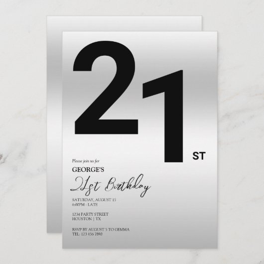 シルバースタイリッシュ21歳の誕生日パーティー 招待状 (正面/裏面)