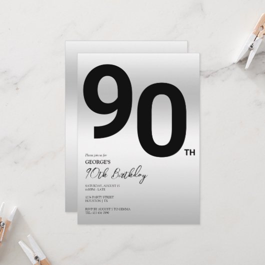 シルバースタイリッシュ90歳の誕生日パーティー 招待状 (正面/裏面インサイチュ)