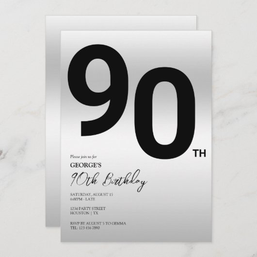 シルバースタイリッシュ90歳の誕生日パーティー 招待状 (正面/裏面)