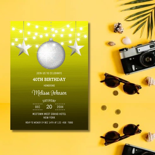 シルバースターストリングライトイエローグラデーション誕生日 招待状