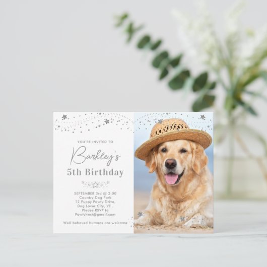 シルバースターズパーソナライズされたペットフォトドッグ誕生日 インビテーションポストカード (スタンド正面)