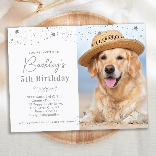 シルバースターズパーソナライズされたペットフォトドッグ誕生日 インビテーションポストカード