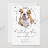 シルバースターズパーソナライズされたペットフォトドッグ誕生日 招待状 (正面)
