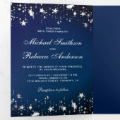 シルバースターズ紙吹雪ミッドナイトブルー銀河系結婚ズ 三つ折り招待状 (内部最初)