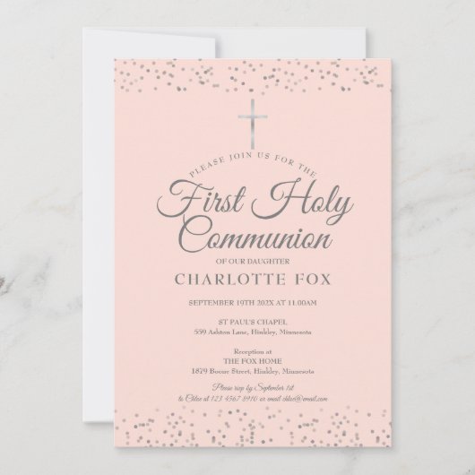 シルバースターダストファーストホーリーコミュニオンピンク 招待状 (正面)