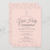 シルバースターダストファーストホーリーコミュニオンピンク 招待状 (正面/裏面)