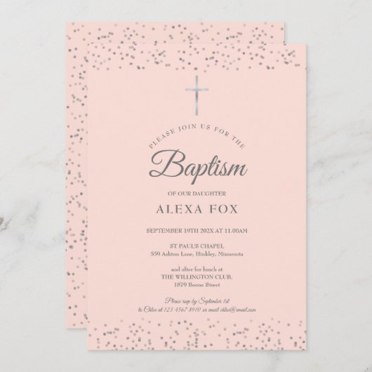 シルバースターダスト洗礼《キリスト教》洗礼式や命名式赤面ピンク 招待状 (正面/裏面)
