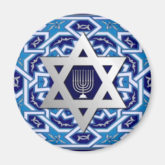 シルバースター・オブ・デイヴィッドと（ユダヤ教）メノラー・ハムッカ マグネット (正面)