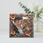 シルバースチームパンク金属結婚の花 招待状 (スタンド正面)