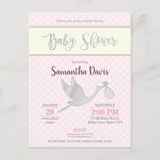 シルバーストーク赤ちゃん女の子ベビーシャワー インビテーションポストカード (正面)