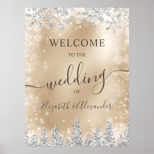 シルバースノーパイン金ゴールドクリスマス冬の結婚式 ポスター (正面)