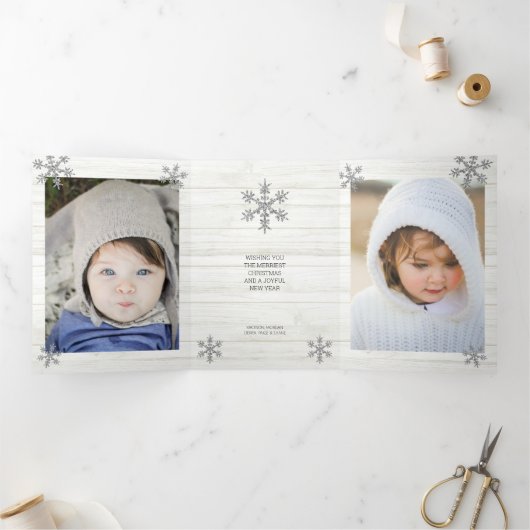シルバースノーフレッ素朴ククリスマス3写真 三つ折りクリスマスカード (内部)