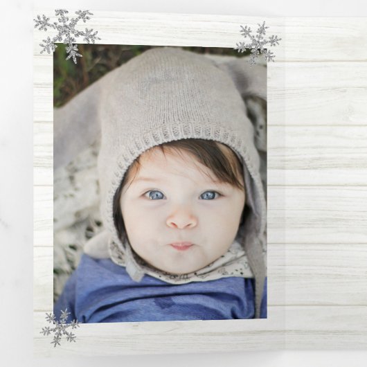 シルバースノーフレッ素朴ククリスマス3写真 三つ折りクリスマスカード (内部最初)