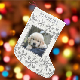 シルバースノーフレークおもしろいキッズまたはペットの写真 スモールクリスマスストッキング