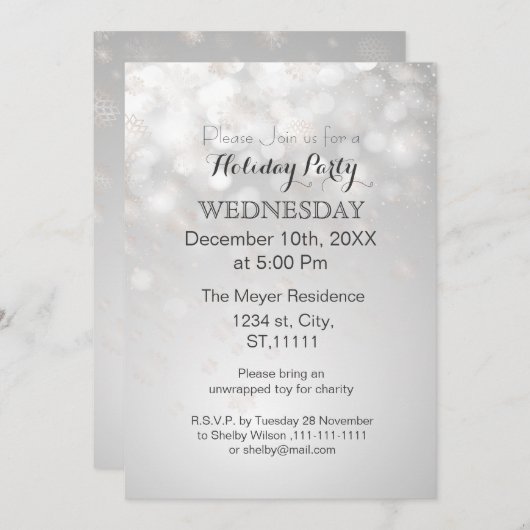 シルバースノーフレークと《写真》ぼけ味ホリデーパーティー招待状 招待状 (正面/裏面)