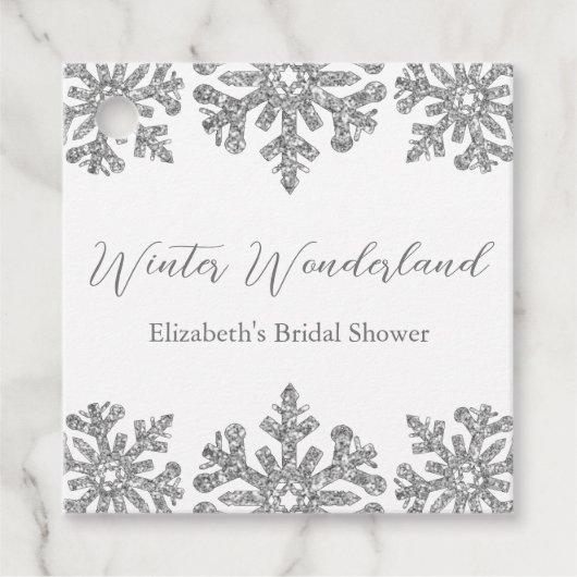 シルバースノーフレークの冬のブライズシャワー フェイバータグ (正面)