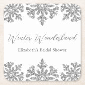 シルバースノーフレークの冬のブライダルシャワー スクエアペーパーコースター (正面)