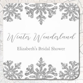 シルバースノーフレークの冬のブライダルシャワー スクエアペーパーコースター