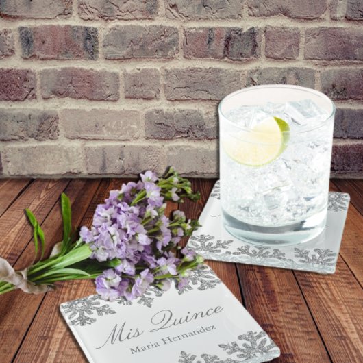 シルバースノーフレークウィンターキンセアニェラ ガラスコースター