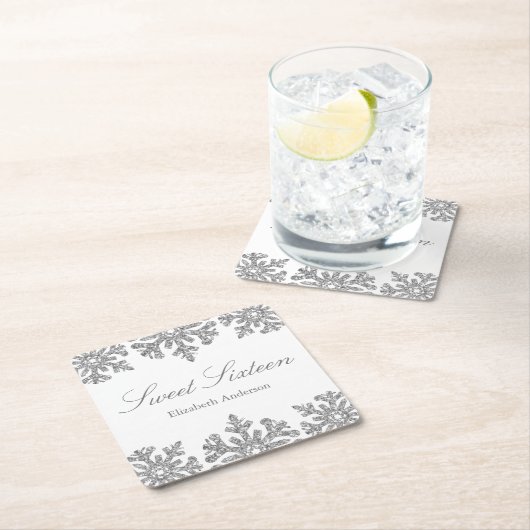 シルバースノーフレークウィンタースウィート16 スクエアペーパーコースター (インサイチュ)