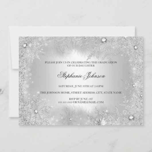 シルバースノーフレークウィンターワンダーランド卒業カード 招待状 (裏面)