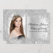 シルバースノーフレークウィンターワンダーランド卒業カード 招待状 (正面/裏面)