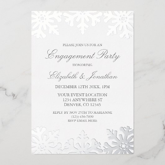 シルバースノーフレークウィンター婚約パーティ 箔招待状 (正面)