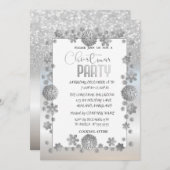 シルバースノーフレークグリッター会社クリスマスパーティー 招待状 (正面/裏面)