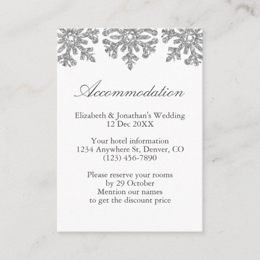 シルバースノーフレークスウィンターウェディングアコモデーション エンクロージャーカード (正面)