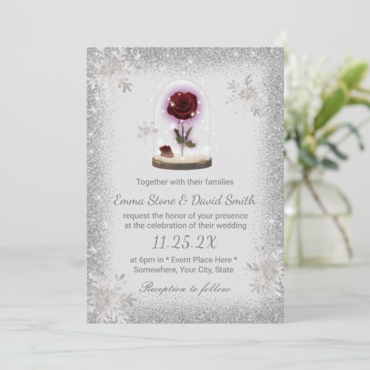 シルバースノーフレークスウィンターウェディング美しいバラドーム 招待状 (スタンド正面)