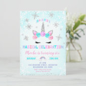 シルバースノーフレークスウィンユニコーン顔誕生日 招待状 (スタンド正面)