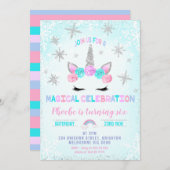 シルバースノーフレークスウィンユニコーン顔誕生日 招待状 (正面/裏面)