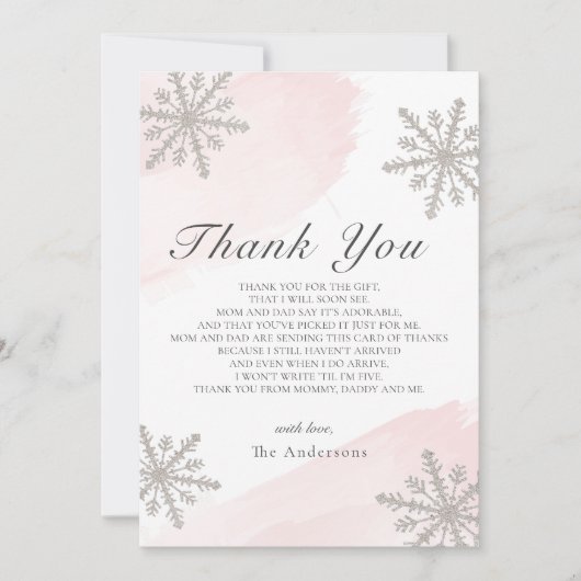 シルバースノーフレークスピンクベビーシャワーサンキューカード 招待状 (正面)