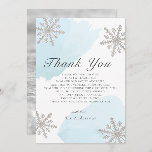 シルバースノーフレークスブルーベビーシャワーサンキューカード 招待状 (正面/裏面)