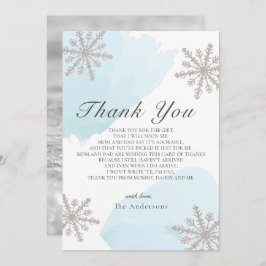 シルバースノーフレークスブルーベビーシャワーサンキューカード 招待状