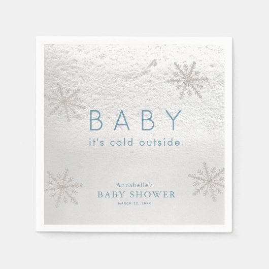 シルバースノーフレークスブルーベビーシャワーナプキン スタンダードカクテルナプキン (正面)