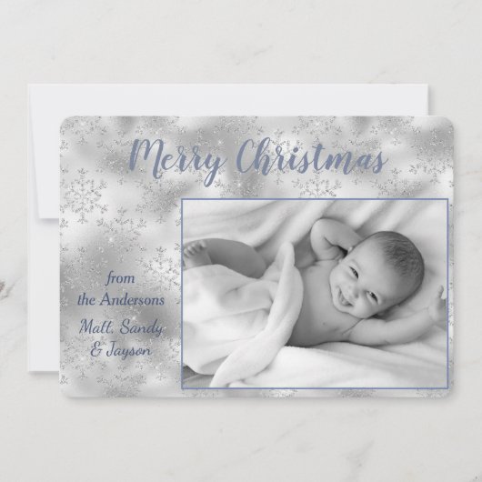 シルバースノーフレークツー写真テンプレートクリスマス シーズンカード (正面)