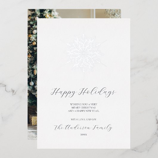 シルバースノーフレークハッピーホリデーズファミリーフォト 箔シーズンカード (正面/裏面)