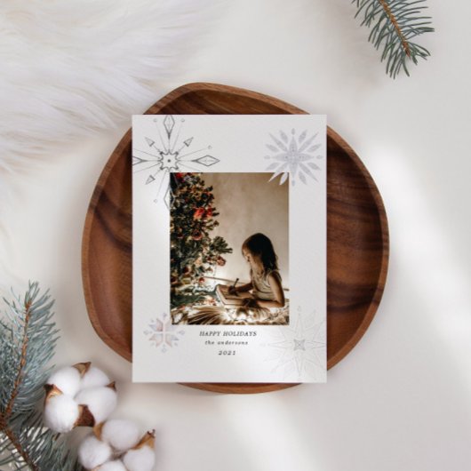 シルバースノーフレークフォトホリデーカード シーズンカード